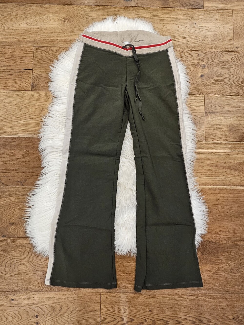 Vintage Low Rise Green Lounge Pants with Tan Side Stripes